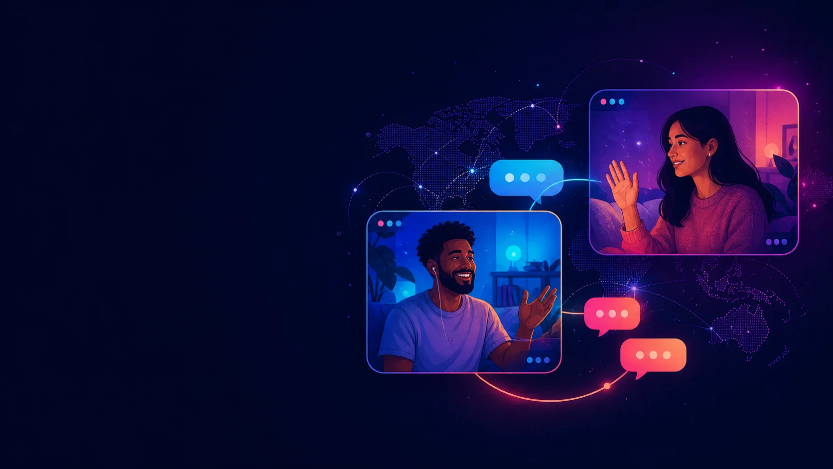 Two adults connecting through anonymous Omegle Chat windows across a glowing world map